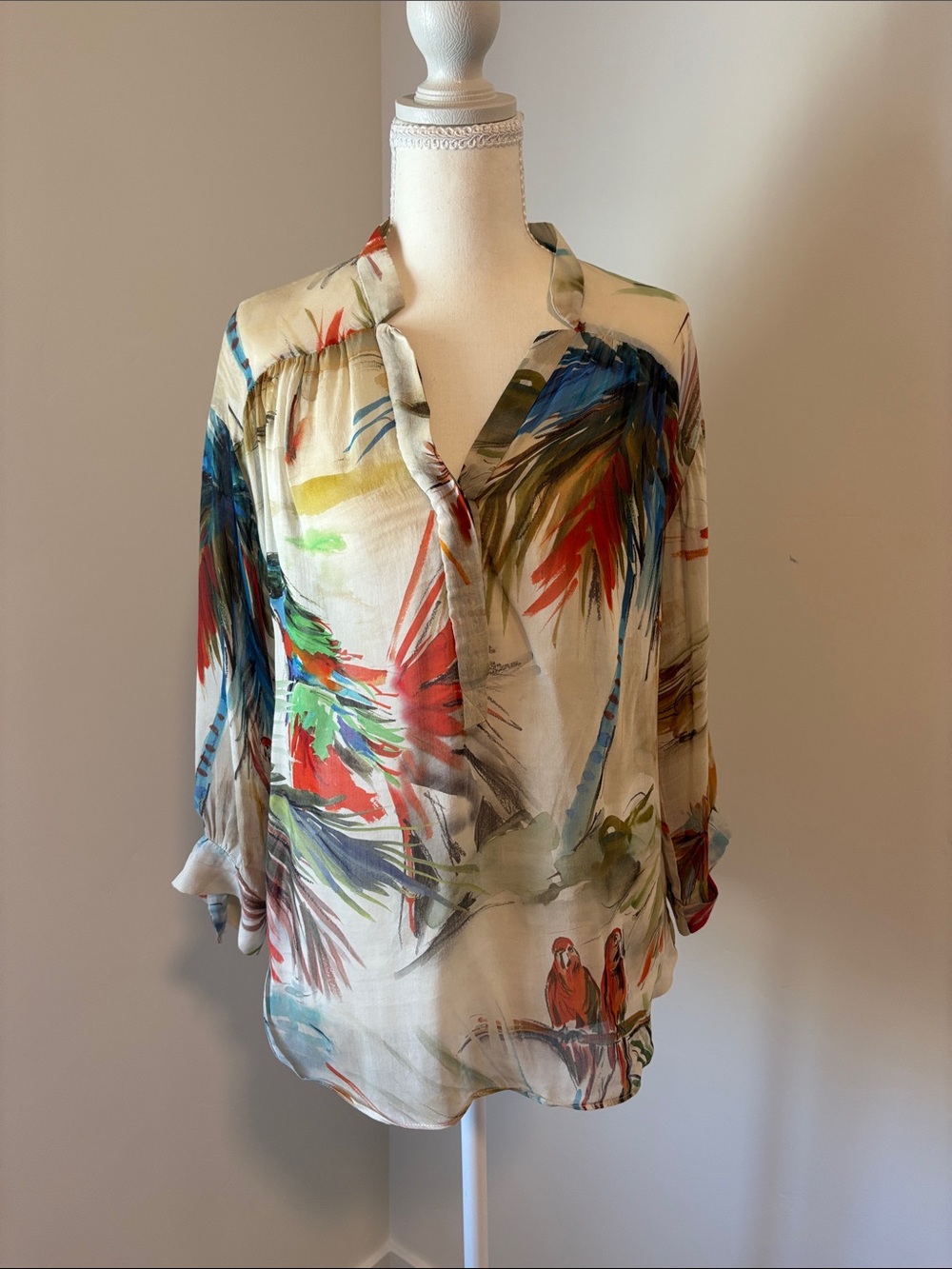 Milly Multi-Color Tropical Print V-Neck Blouse